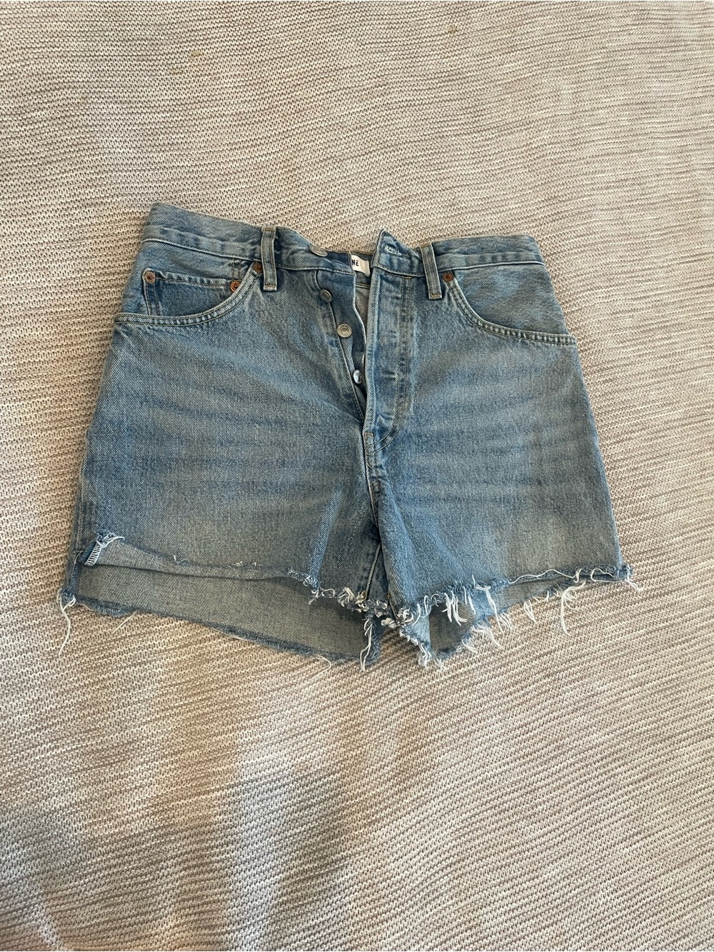 Re/Done Distressed High-Rise Jean Shorts - Light Blue Wash